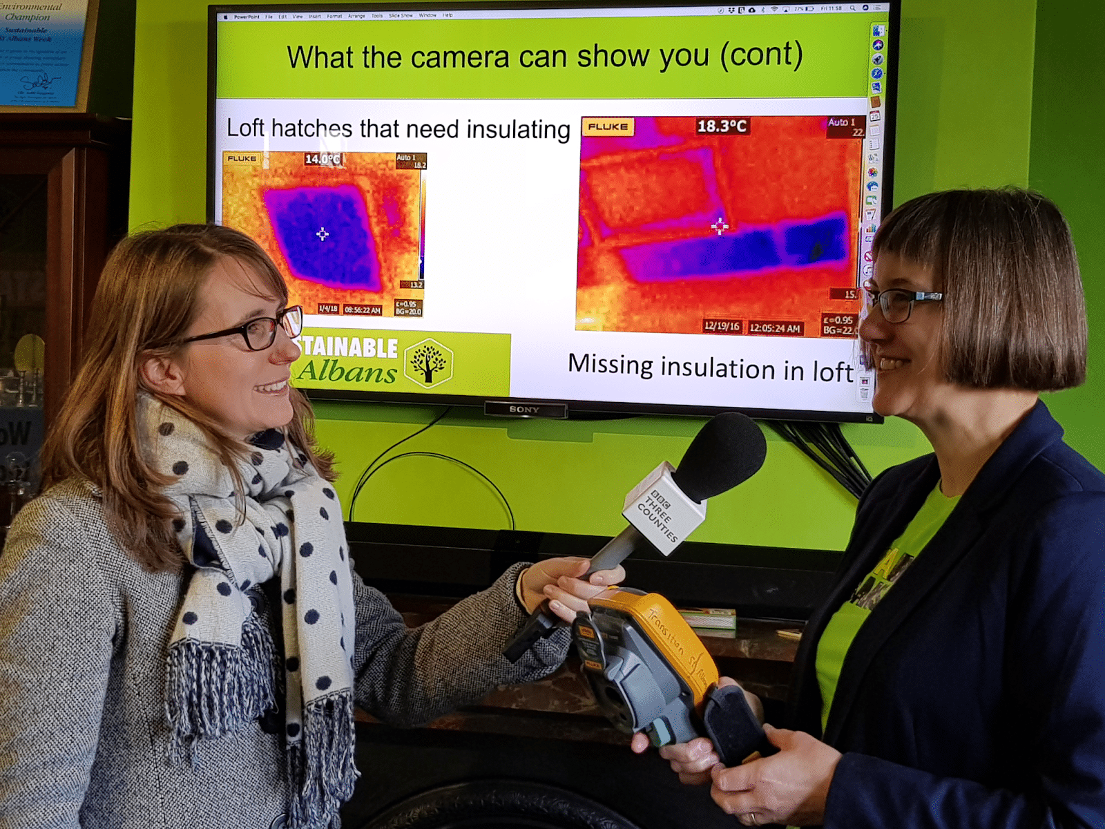 Lesley Flowers of Sustainable St Albans being interviewed by Louise Parry from BBC Three Counties Radio